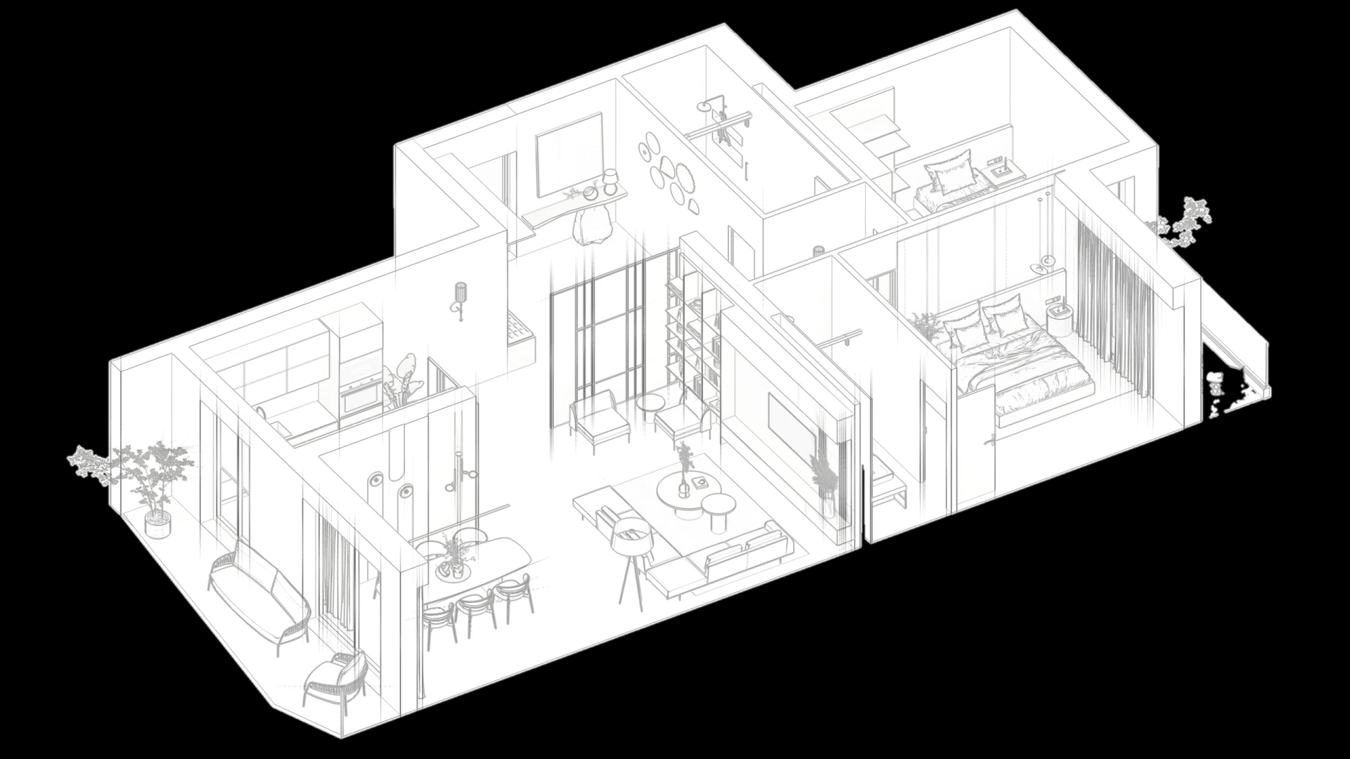 Plan 3D au trait de l’appartement