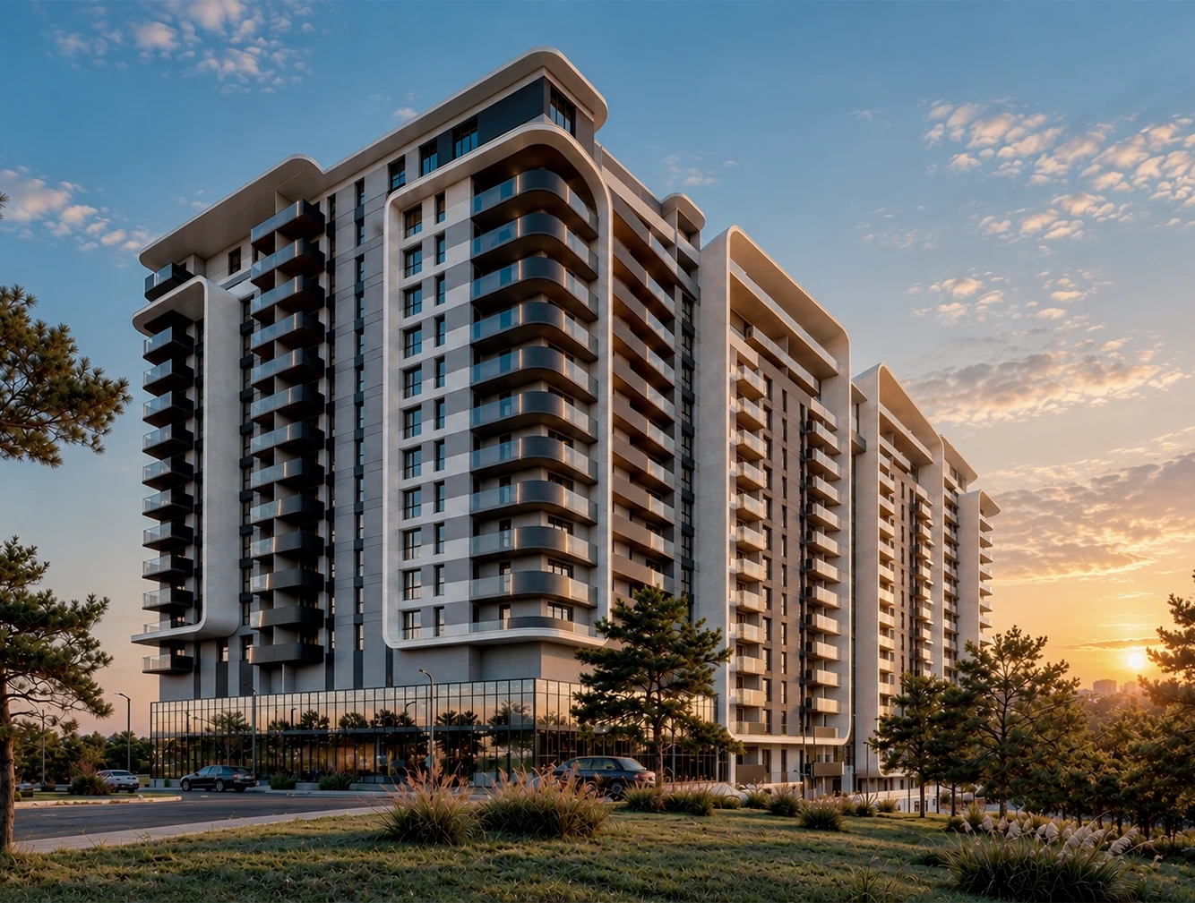 Vue extérieure en rendu 3D de la résidence Soléane de Alco Amlak Promotion Immobilière à Ouled Fayet. Immeuble résidentiel avec galerie marchande, terrasses et vues panoramiques su